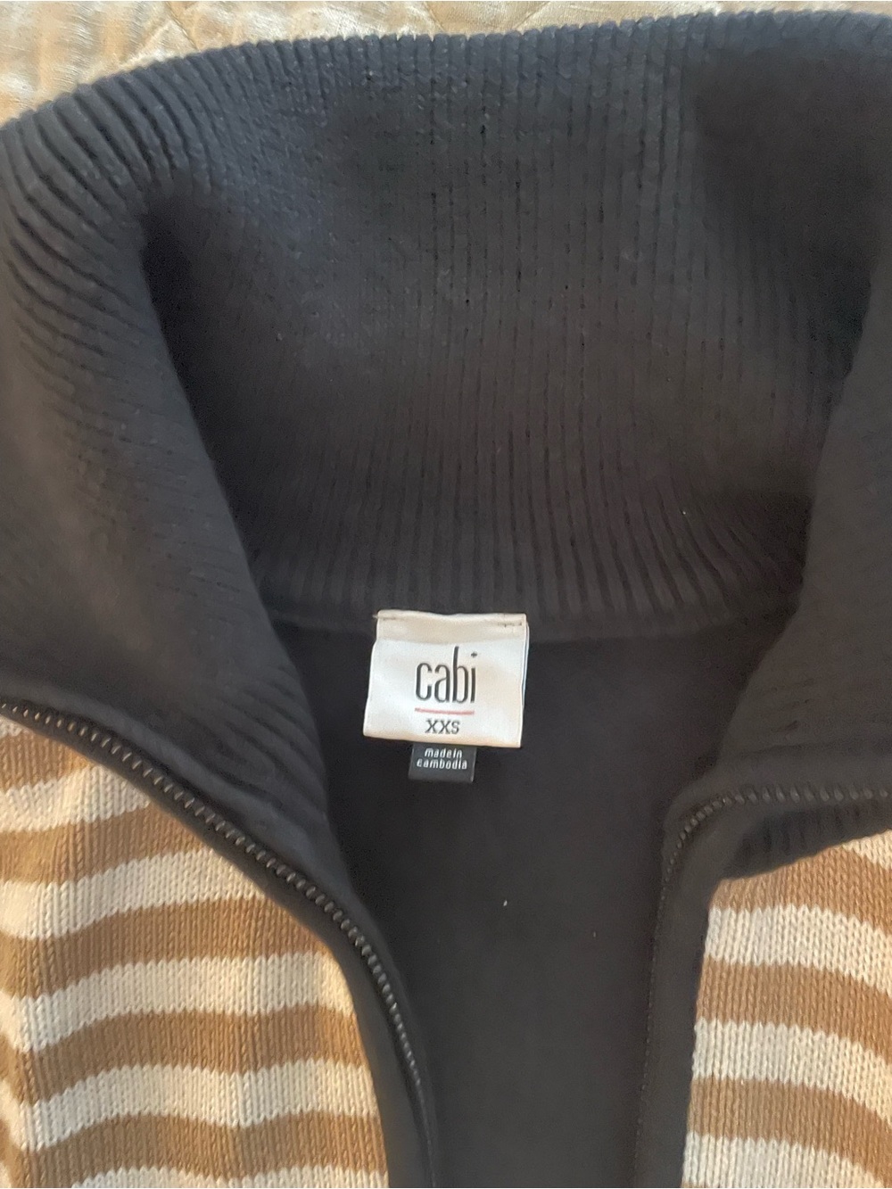 CAbi Striped Zip Cardigan in Beige, White & Black - Picture 3 of 4
